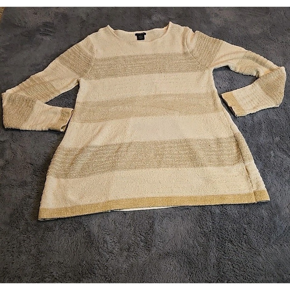 Calvin Klein Sweater Womens XL Tan Cream Stripe Textured Knit Pullover EUC